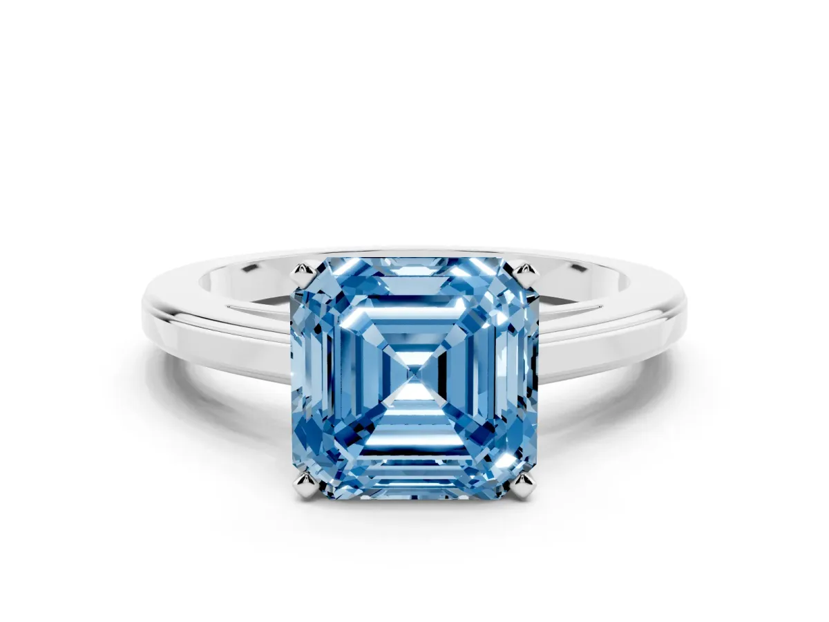 Fancy Blue Asscher Cut Solitaire Diamond Ring with Four-Prong Setting and Classic Band White gold