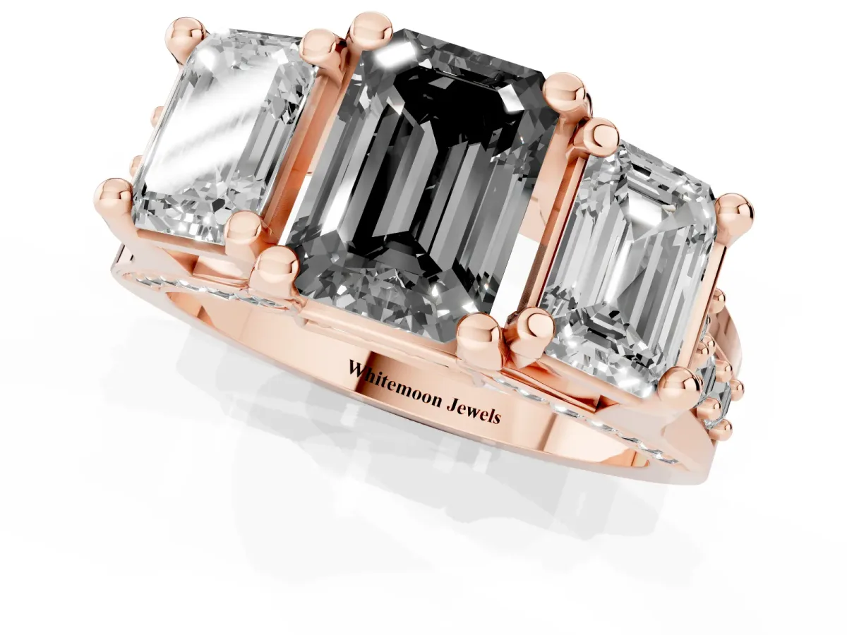 Fancy Black Emerald Cut Diamond Three-Stone Ring with Channel Set Band and Four-Prong Setting Rose gold