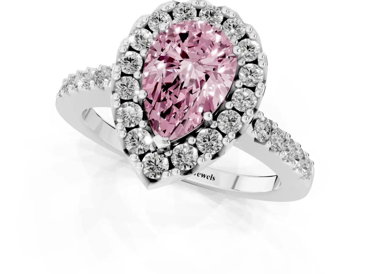 Fancy Pink Pear Cut Halo Diamond Pavé Solitaire Ring Platinum