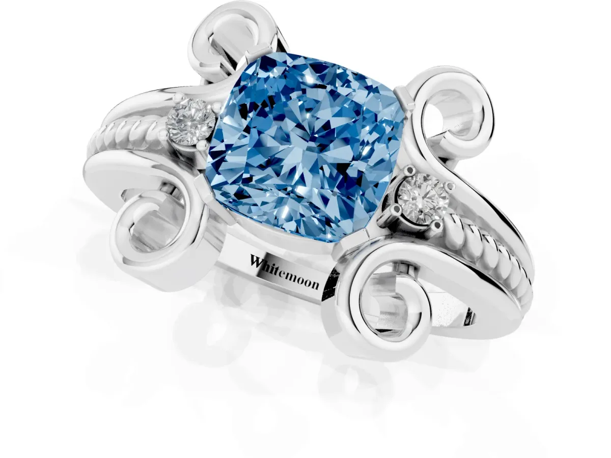 Fancy Blue Cushion Cut Solitaire Twisted Band Scroll Prong Ring Silver