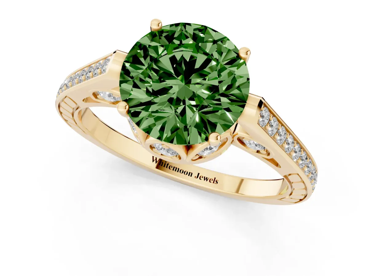 Fancy Green Round Cut Cut Cathedral Pave Diamond Engagement Ring with Six-Prong Setting Yellow gold