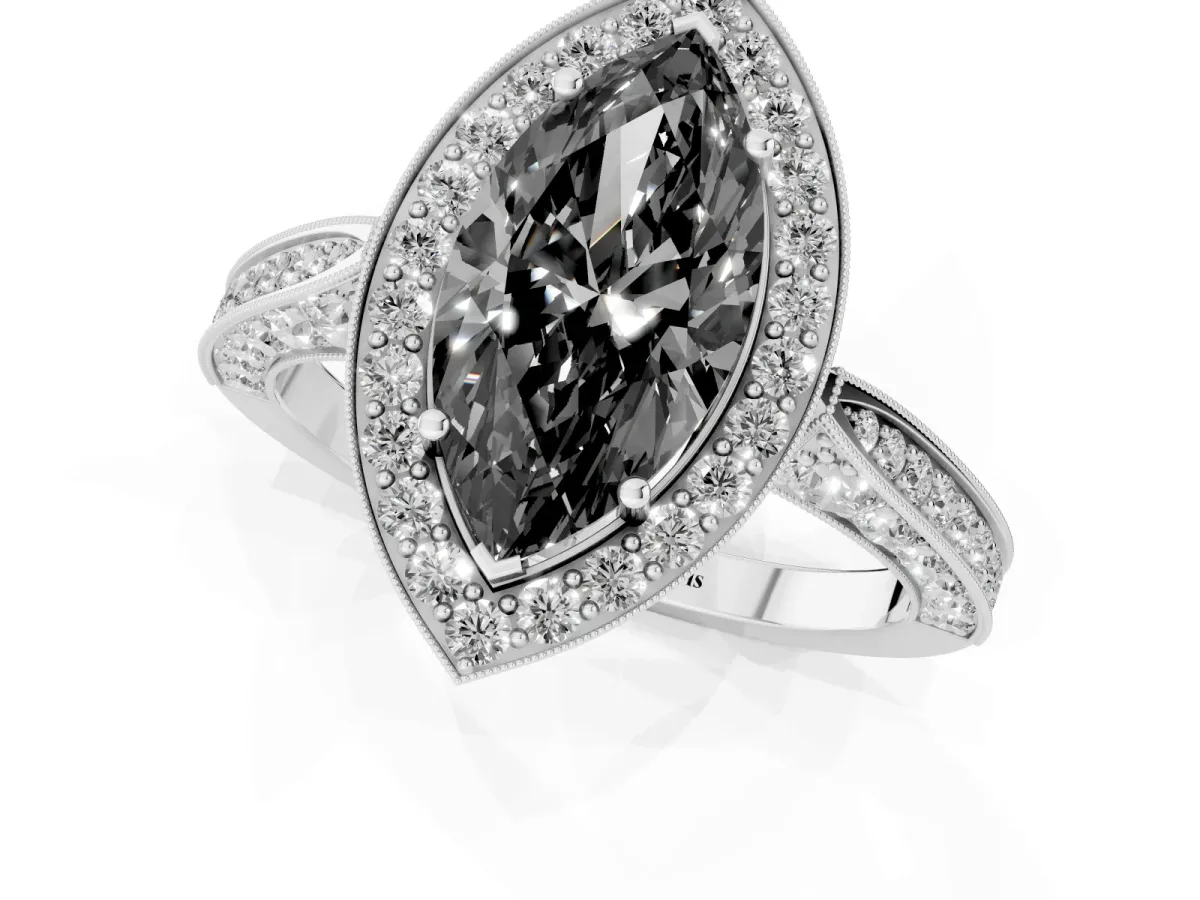 Fancy Black Marquise Cut Halo Diamond Engagement Ring with Split Shank Band and Four-Prong Setting Silver