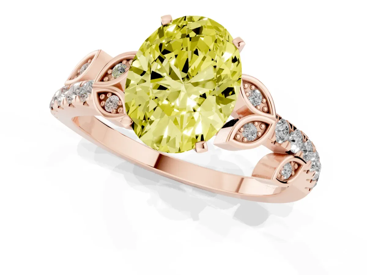 Fancy Yellow Oval Cut Solitaire Leaf-Inspired Diamond Ring with Pavé Band and Four-Prong Setting Rose gold