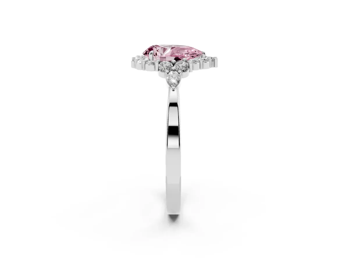 Fancy Pink Pear Cut Diamond Halo Ring with Pear Side Stones and Prong Setting Silver