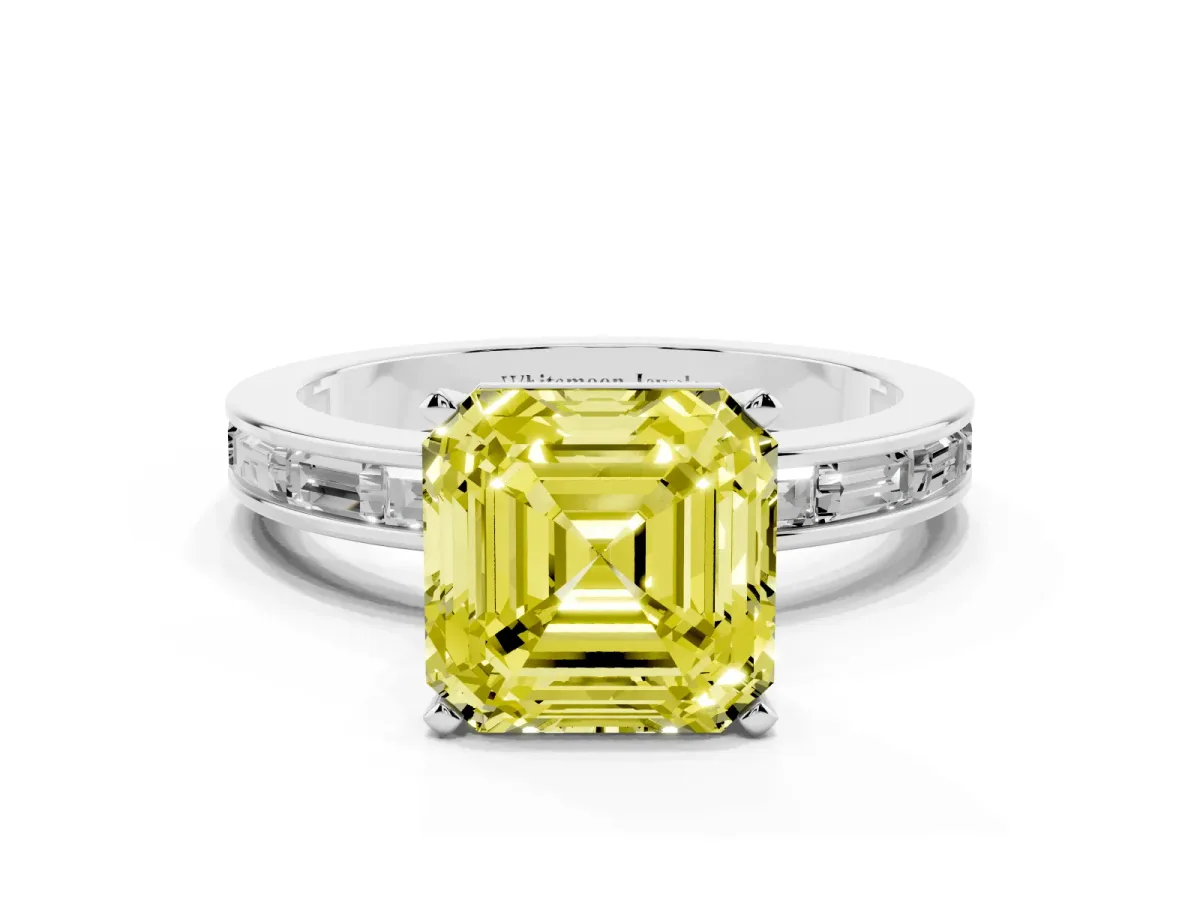 Fancy Yellow Asscher Cut Solitaire Diamond Ring with Channel-Set Baguette Band and Four-Prong Setting Silver