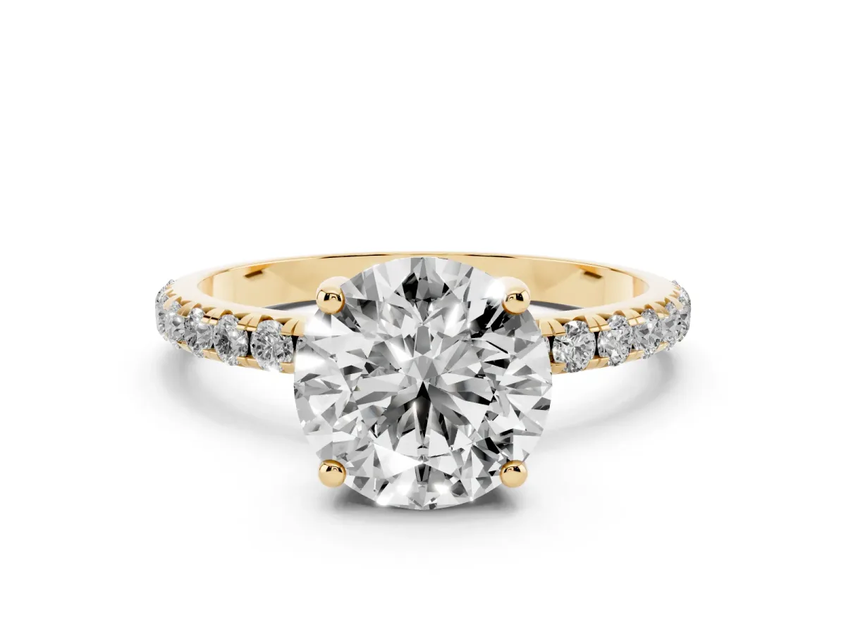 Round Cut Cut Diamond Solitaire Ring with Micro Pave Band and Four Prong Setting Yellow gold