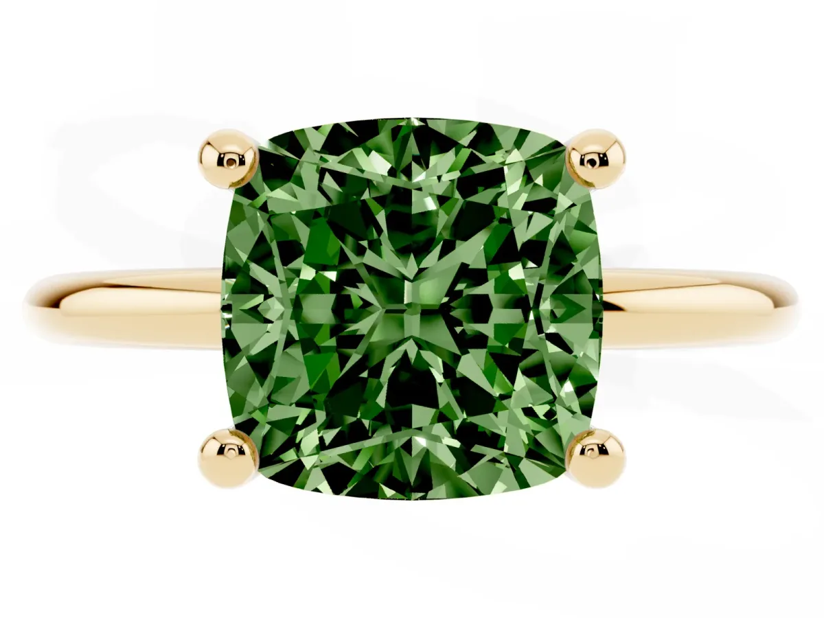 Fancy Green Cushion Cut Solitaire Diamond Ring with 4-Prong Setting on a Classic Band Yellow gold