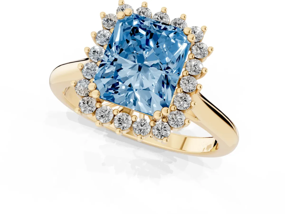 Fancy Blue Radiant Cut Cut Diamond Halo Ring with Solitaire Band and Prong Setting Yellow gold
