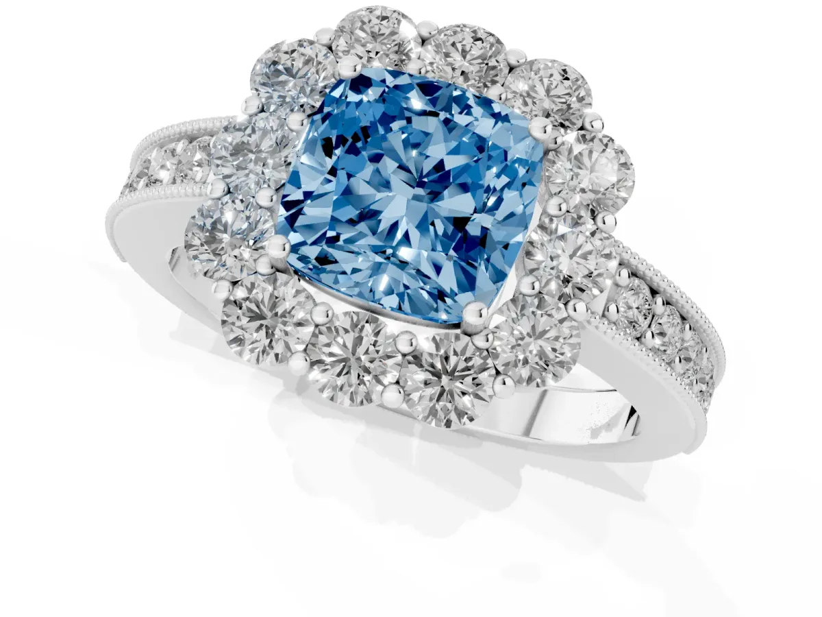 Fancy Blue Cushion Cut Cut Halo Diamond Pavé Engagement Ring with Milgrain Detailing Platinum