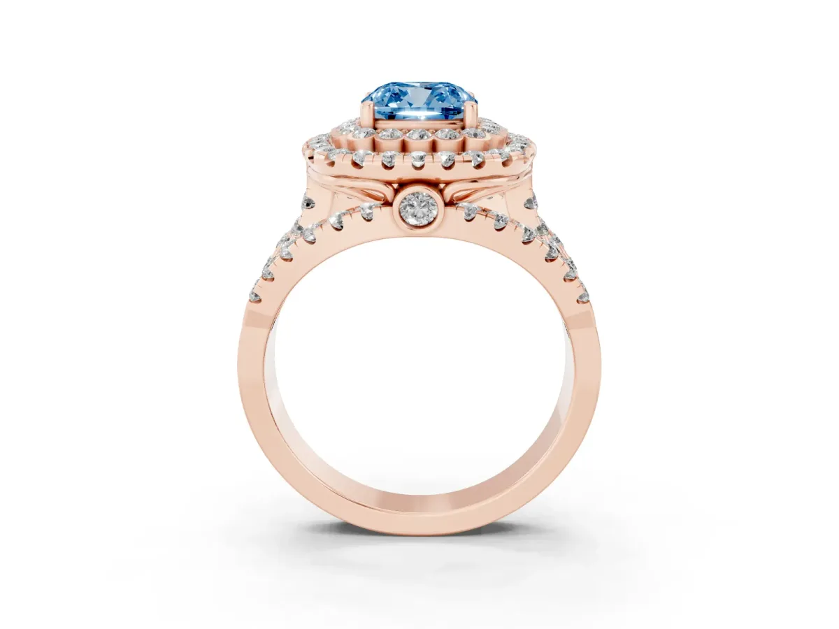 Fancy Blue Cushion Cut Diamond Double Halo Ring with Round Pavé Split Shank and Prong Setting Rose gold