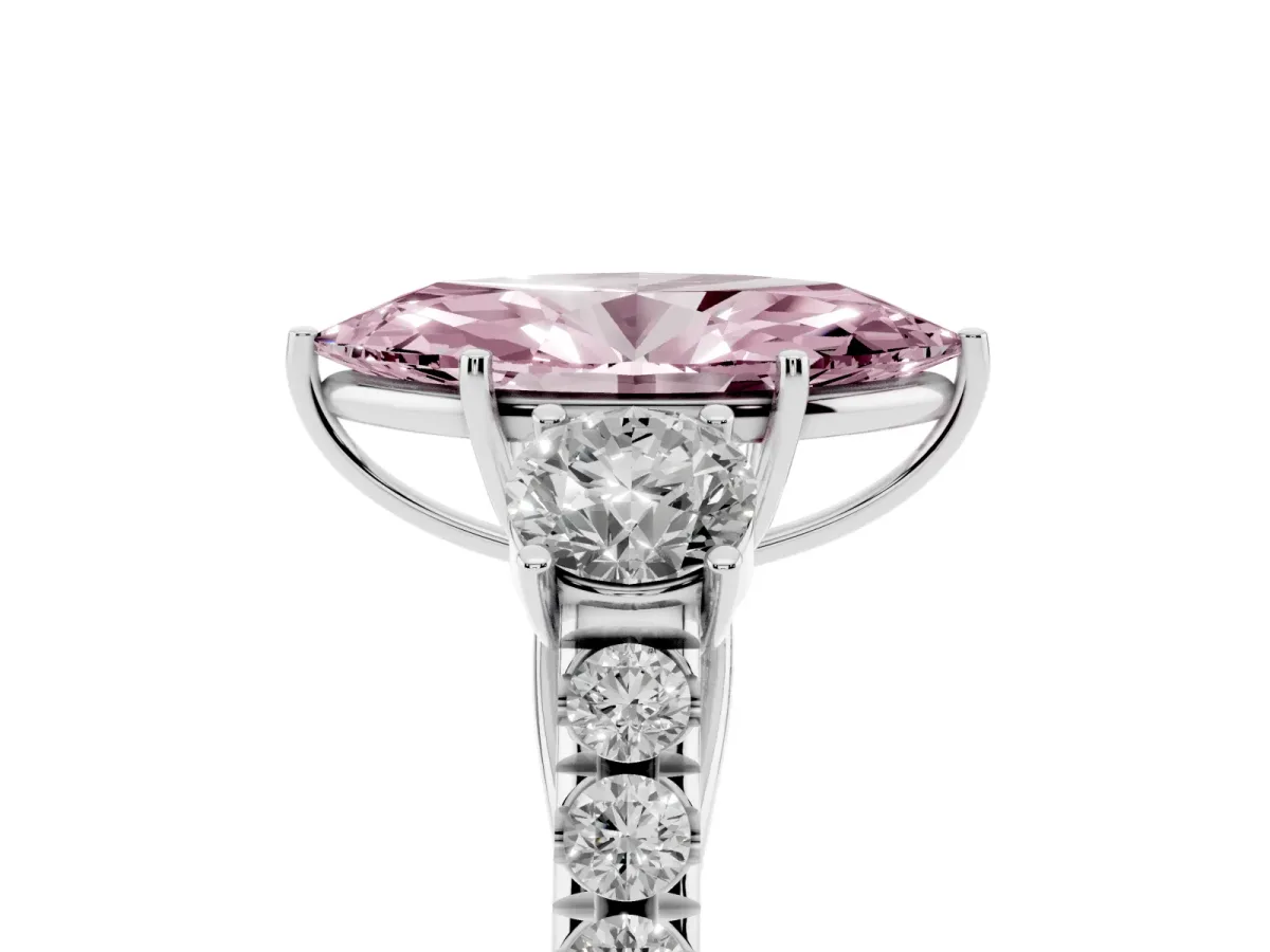 Fancy Pink Marquise Cut Cut Diamond Three-Stone Ring with Round Side Stones and Pavé Band White gold