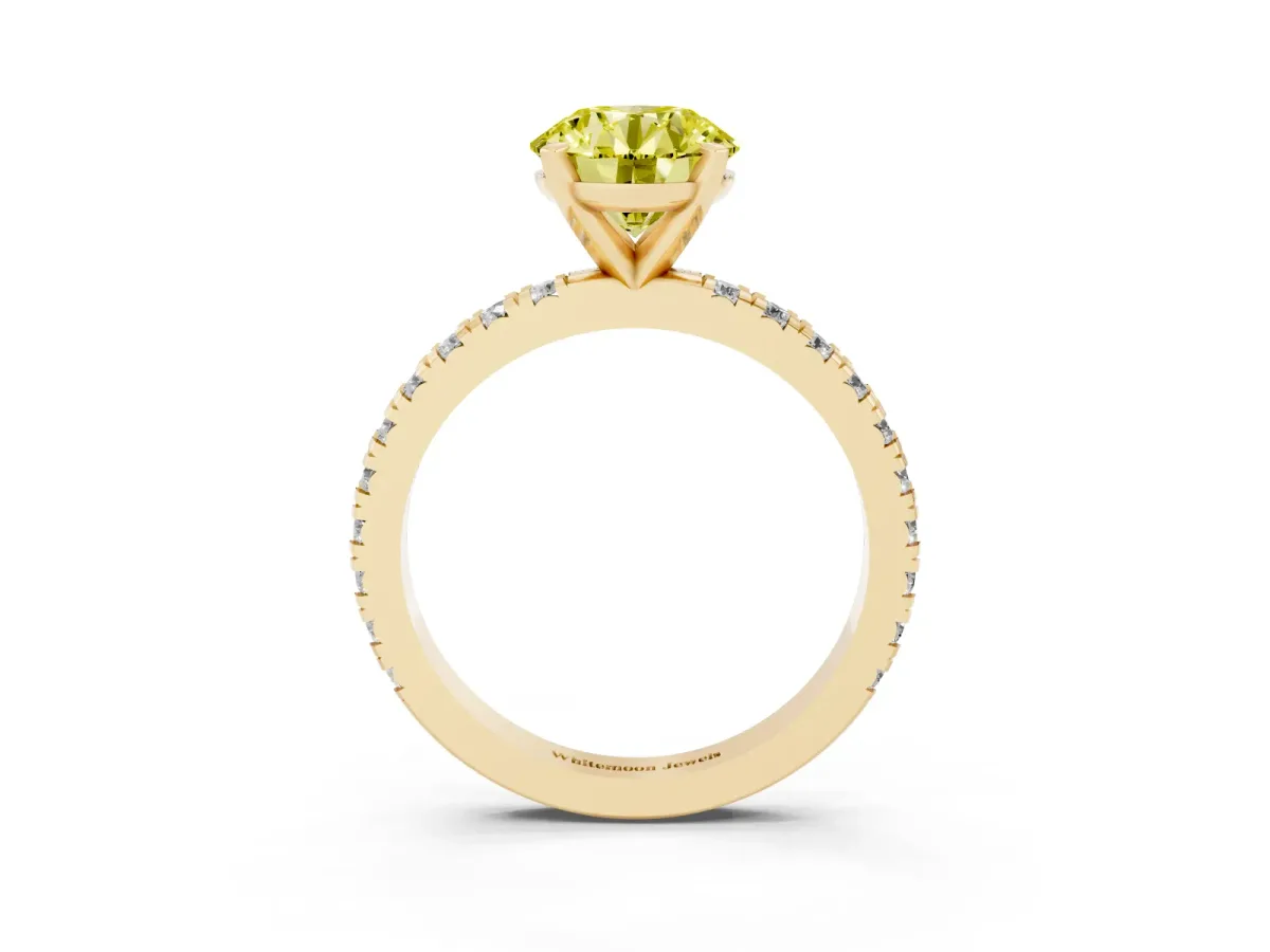 Fancy Yellow Round Cut Diamond Pavé Band Solitaire with Four-Prong Setting Yellow gold