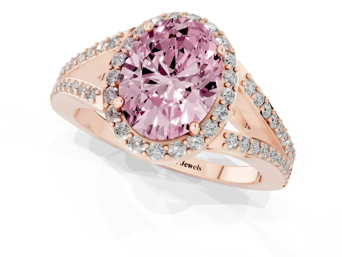 Fancy Pink Oval Cut Halo Split Shank Diamond Ring with Prong Setting Rose gold