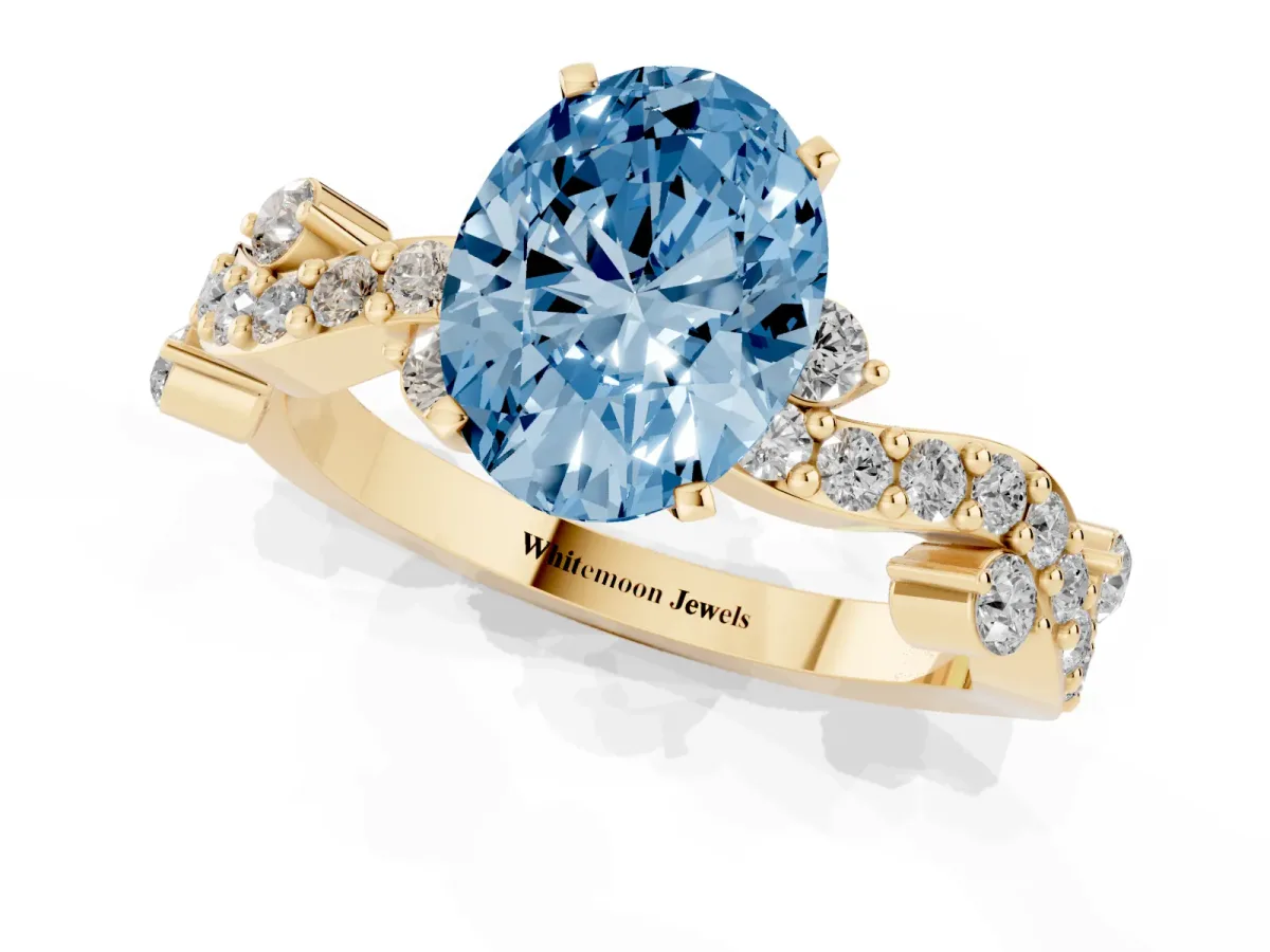 Fancy Blue Oval Cut Cut Solitaire Diamond Twisted Band with Pave Setting Yellow gold