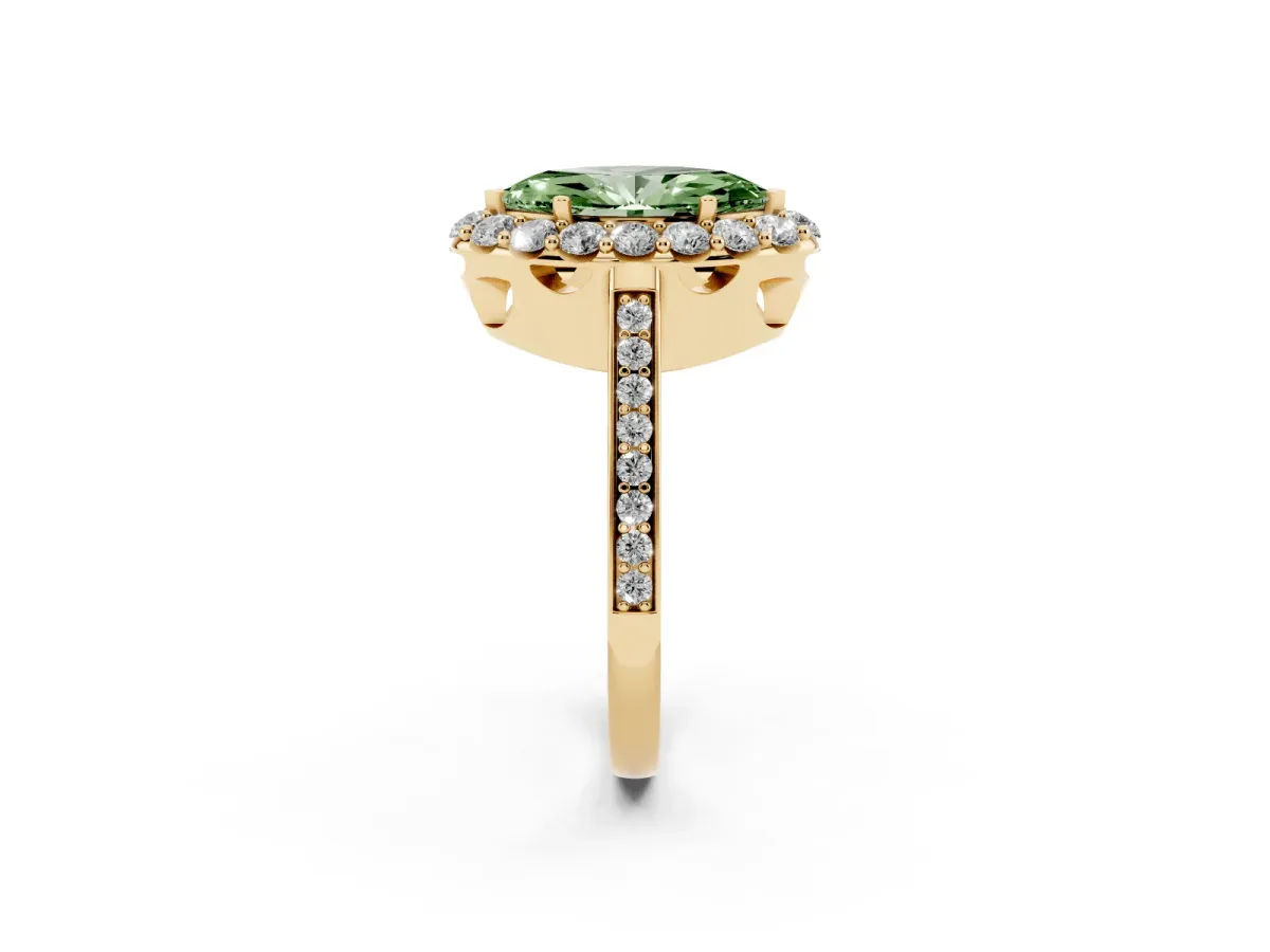 Fancy Green Marquise Cut Diamond Floral Halo Ring with Pavé Band and Prong Setting Yellow gold