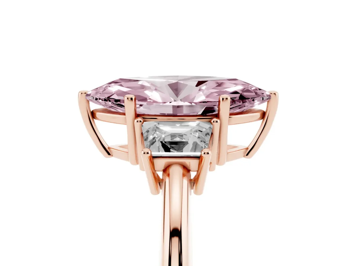 Fancy Pink Marquise Cut Diamond Three-Stone Ring with Trapezoid Side Stones and Prong Setting Rose gold