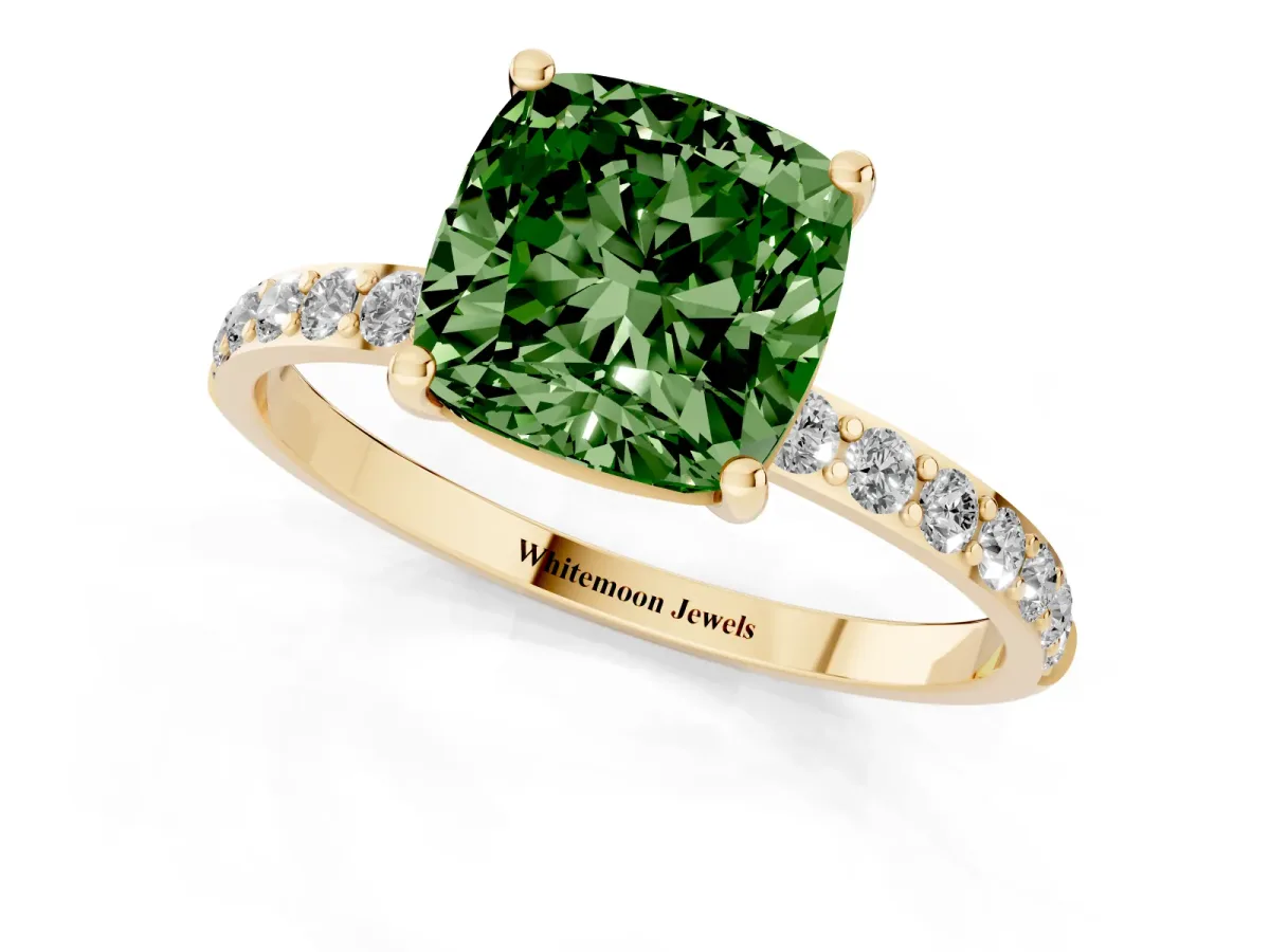 Fancy Green Cushion Cut Diamond Solitaire Ring with Round Pavé Shoulders and Prong Setting Yellow gold