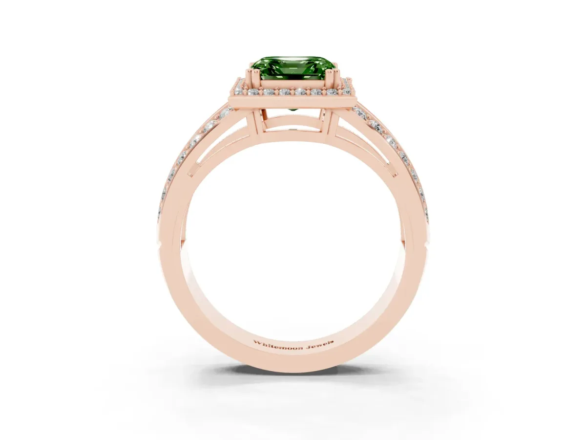 Fancy Green Asscher Cut Diamond Halo Ring with Split Shank Pavé Band and Four-Prong Setting Rose gold