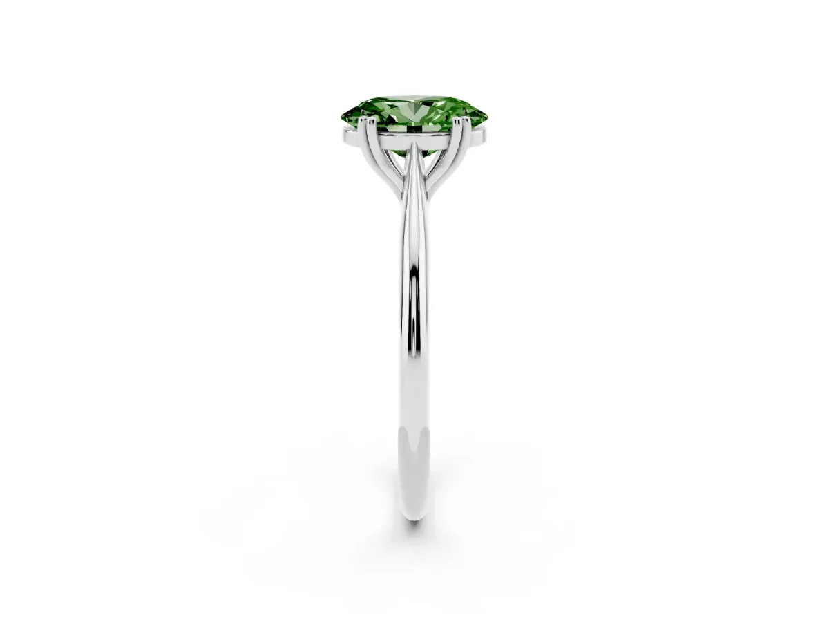 Fancy Green Oval Cut Solitaire Diamond Ring with Six-Prong Setting and Classic Band Silver