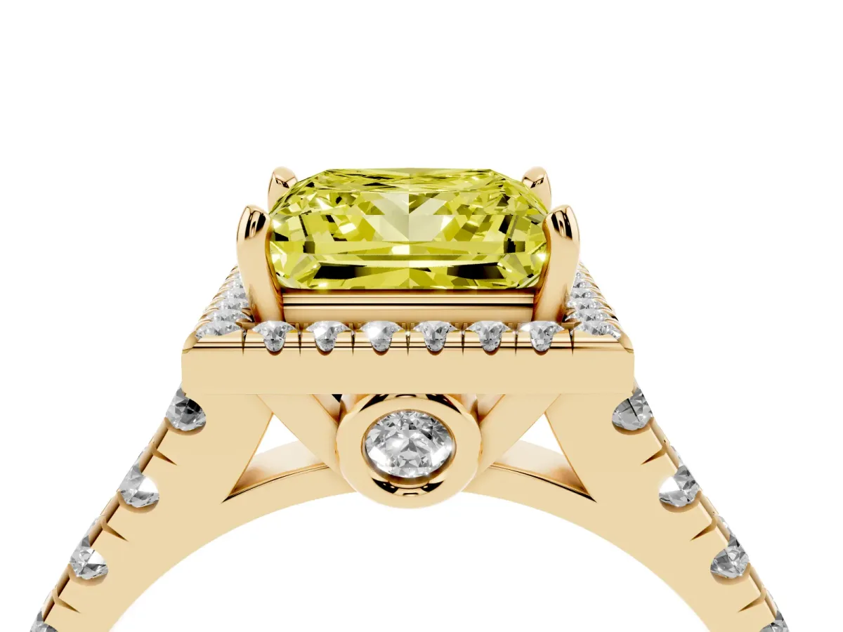 Fancy Yellow Princess Cut Halo Pavé Diamond Engagement Ring with Four-Prong Setting Yellow gold