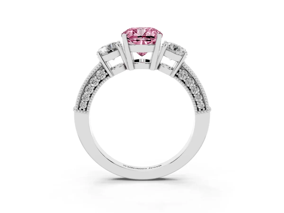 Fancy Pink Cushion Cut Three-Stone Diamond Ring with Pavé Band and Four-Prong Setting Silver