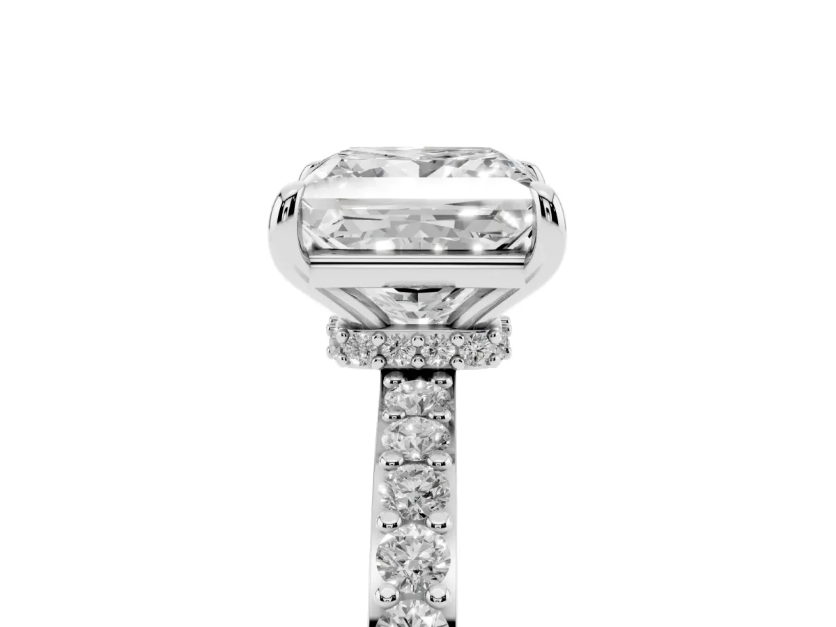 Princess Cut Diamond Solitaire Engagement Ring with Pavé Band and Four-Prong Setting Platinum