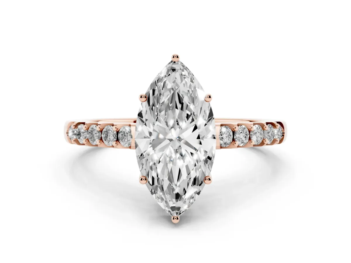 Marquise Cut Solitaire Diamond Engagement Ring with Pavé Band and Six-Prong Setting Rose gold