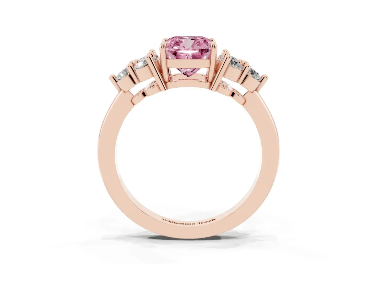 Fancy Pink Cushion Cut Brilliant Diamond Cluster Accent Solitaire Ring with Prong Setting Rose gold