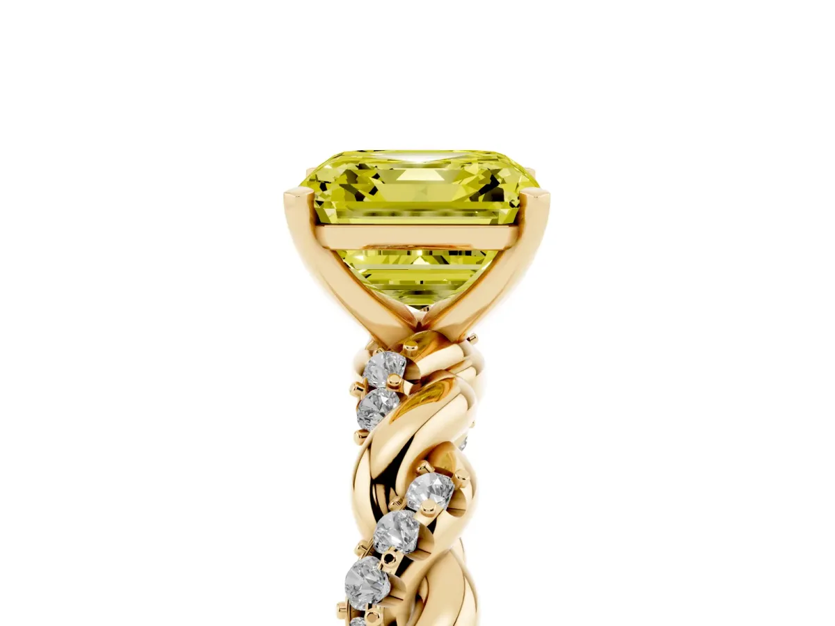 Fancy Yellow Asscher Cut Diamond Solitaire Ring with Twisted Band and Pavé Accents Yellow gold