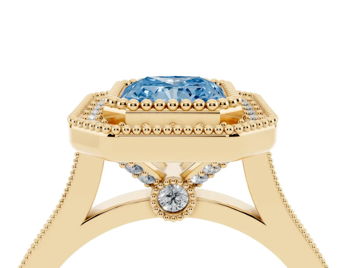 Fancy Blue Radiant Cut Diamond Halo Ring with Milgrain Frame and Pavé Band Yellow gold