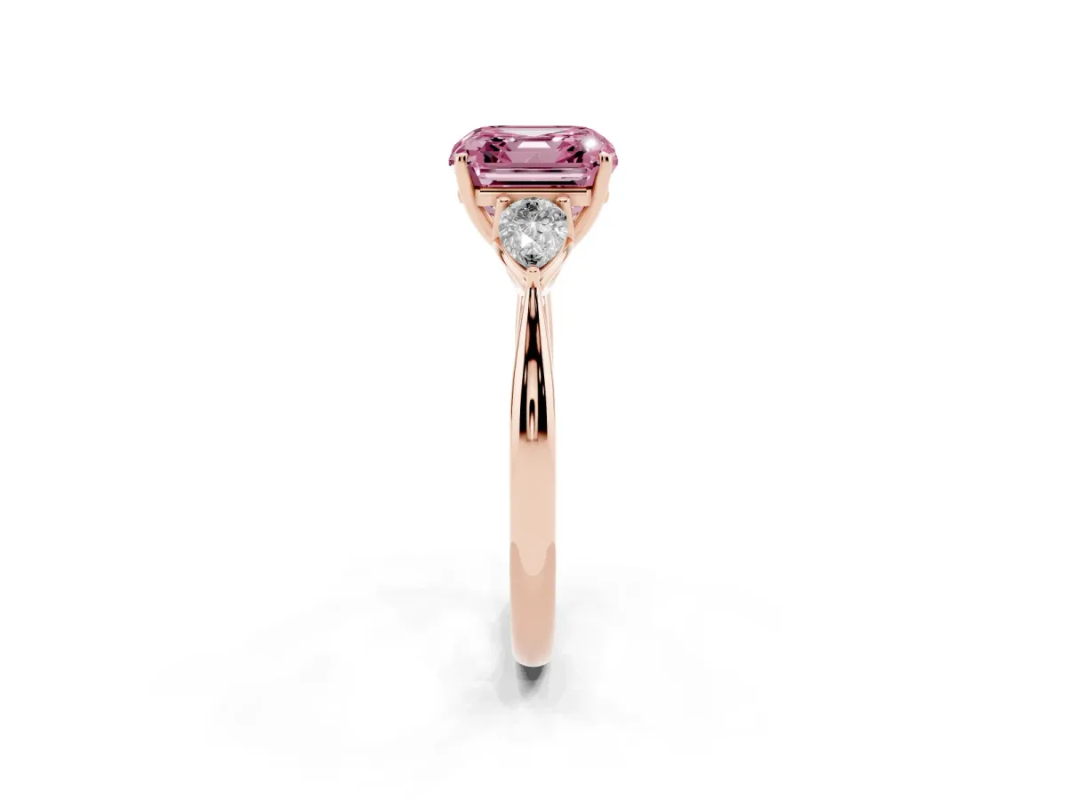 Fancy Pink Three-Stone Asscher Cut Diamond Ring with Pear Side Stones in Four-Prong Setting Rose gold
