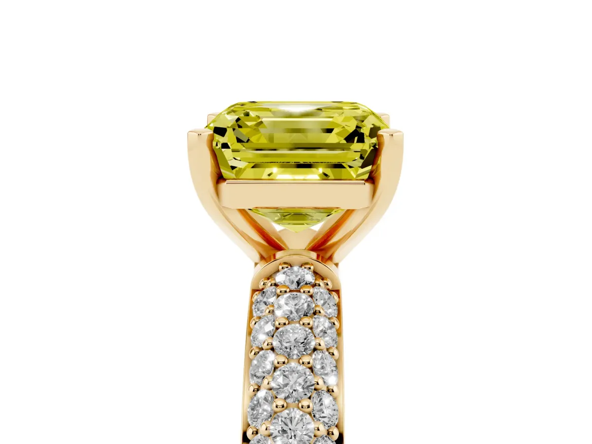 Fancy Yellow Asscher Cut Diamond Solitaire Ring with Prong Setting and Pavé Band Yellow gold