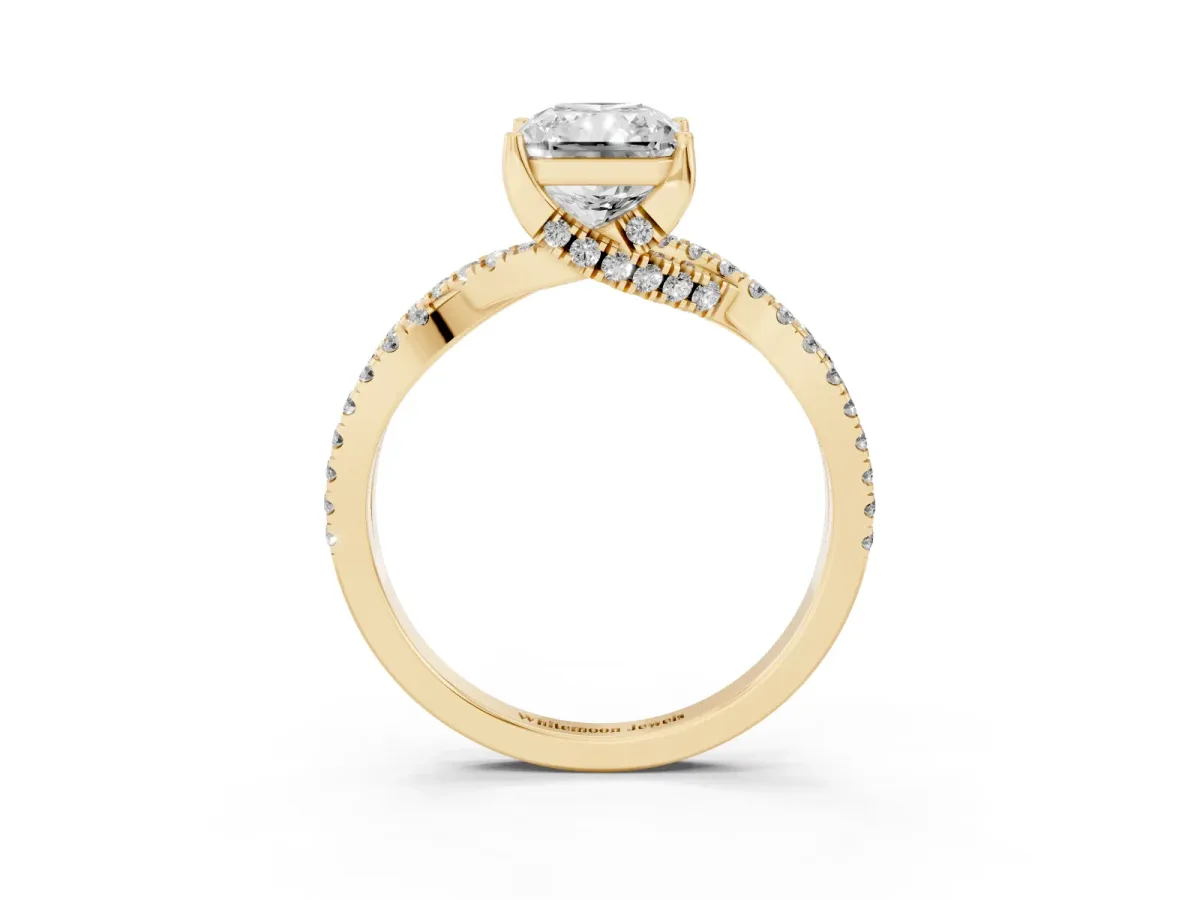 Radiant Cut Solitaire Twist Pave Diamond Engagement Ring with Prong Setting Yellow gold