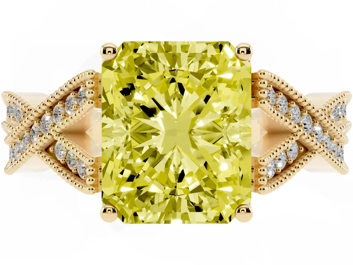 Fancy Yellow Radiant Cut Cut Diamond Twisted Band with Milgrain Pave Setting and Four-Prong Setting Yellow gold