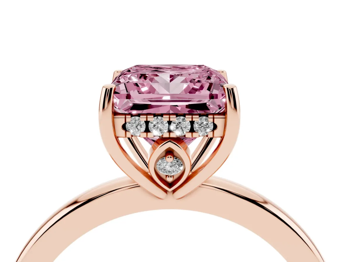 Fancy Pink Princess Cut Solitaire Diamond Ring with Prong Setting and Plain Band Rose gold