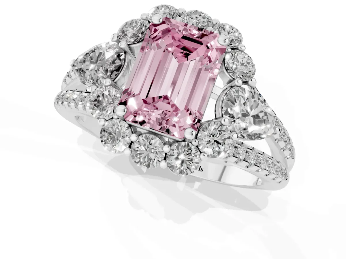 Fancy Pink Emerald Cut Halo Split Shank Diamond Engagement Ring with Prong Setting White gold