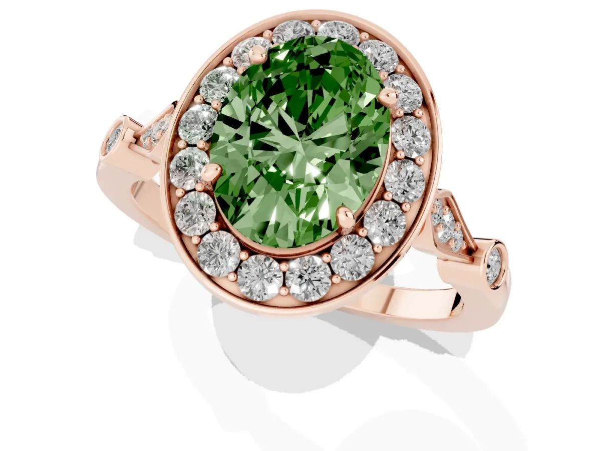 Fancy Green Oval Cut Halo Diamond Engagement Ring with Twisted Band and Four-Prong Setting Rose gold