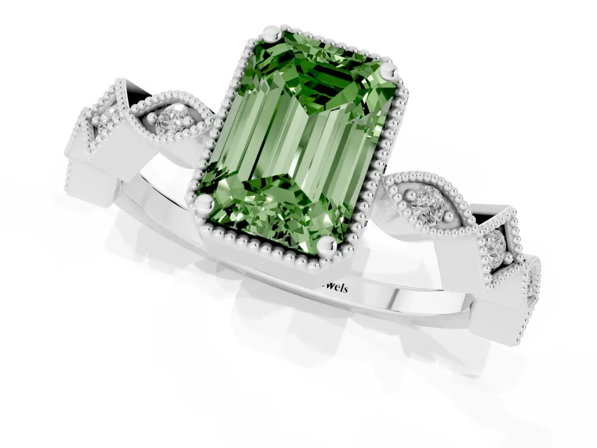 Fancy Green Emerald Cut Milgrain Marquise Diamond Twist Band Ring Silver