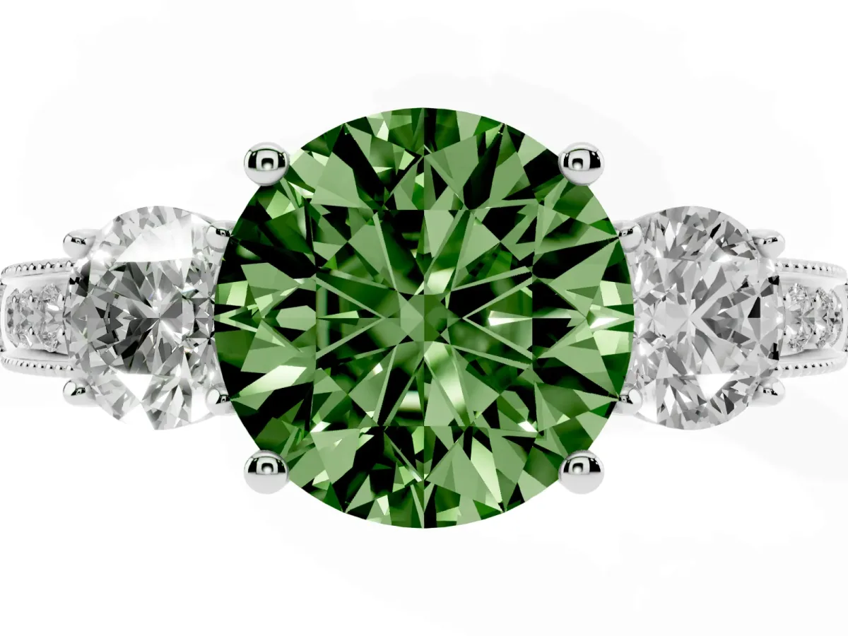 Fancy Green Round Cut Three-Stone Diamond Ring with Pavé Band and Four-Prong Setting Silver