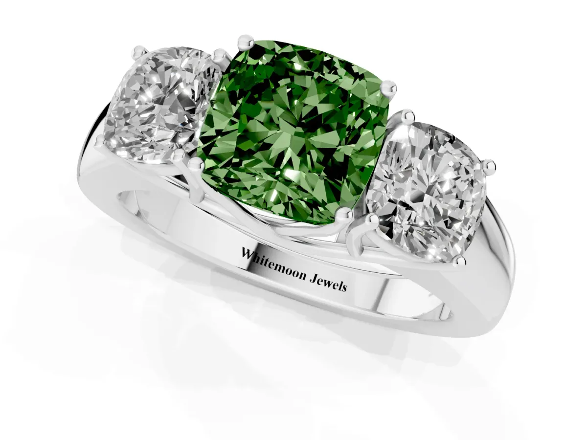 Fancy Green Three-Stone Cushion Cut Cut Diamond Ring with Prong Setting and Classic Band Silver