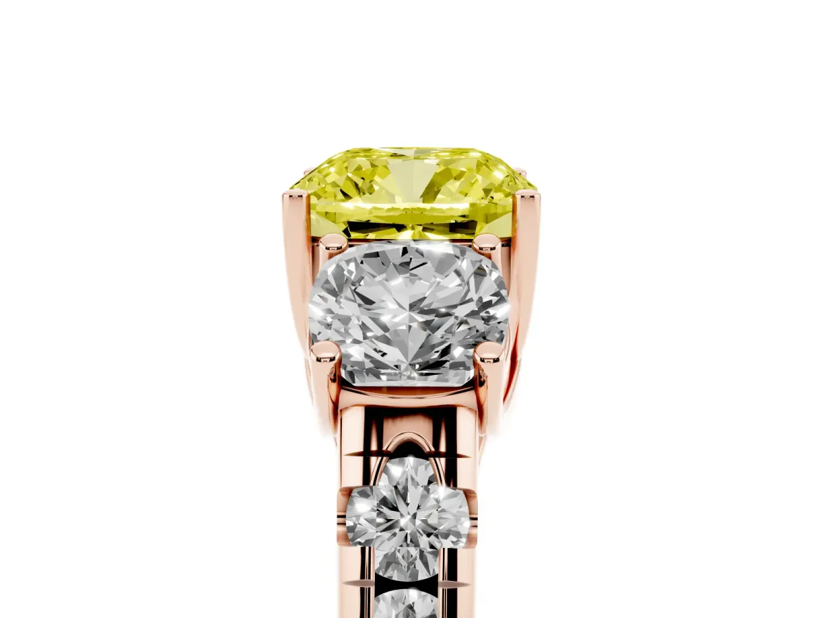 Fancy Yellow Three-Stone Cushion Cut Diamond Pavé Band with Prong Setting Rose gold