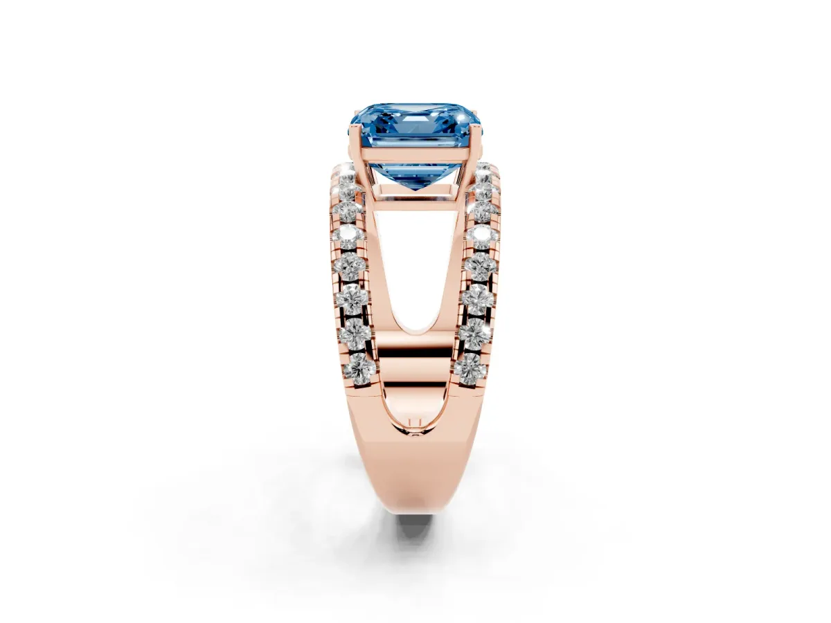 Fancy Blue Asscher Cut Solitaire Split Shank Pave Diamond Ring Rose gold
