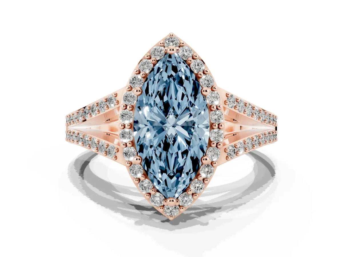 Fancy Blue Marquise Cut Halo Split Shank Diamond Ring with Prong Setting Rose gold