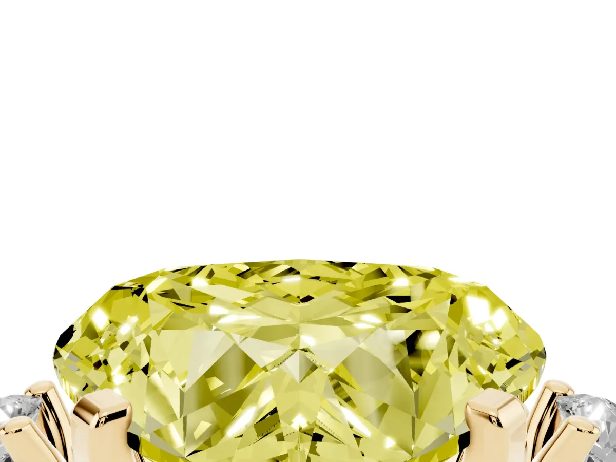 Fancy Yellow Heart Cut Cut Three-Stone Solitaire Ring with Round Accent Diamonds and Four-Prong Setting Yellow gold