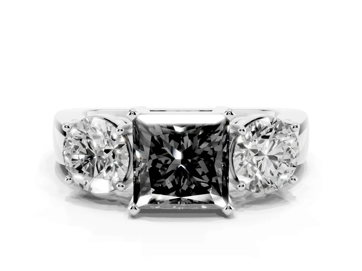 Fancy Black Three-Stone Princess Cut Diamond Ring with Round Side Stones, Classic Band, and Four-Prong Setting Platinum