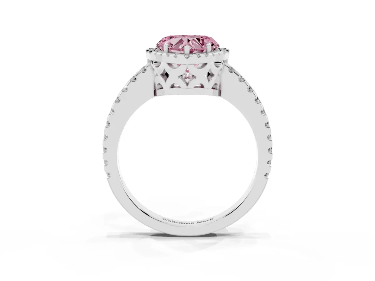 Fancy Pink Heart Cut Diamond Halo Engagement Ring with Pavé Band and Prong Setting White gold