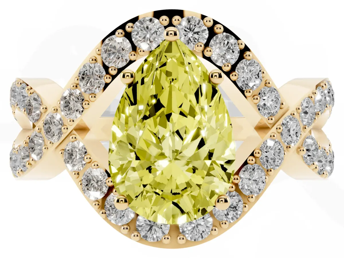 Fancy Yellow Pear Cut Solitaire Twist Band Pavé Diamond Engagement Ring Yellow gold