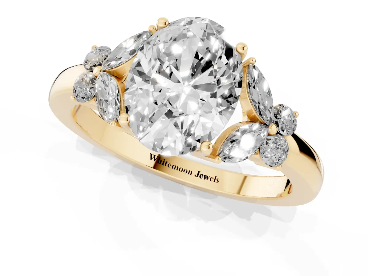 Oval Cut Cut Solitaire Floral Diamond Ring with Four-Prong Setting Yellow gold