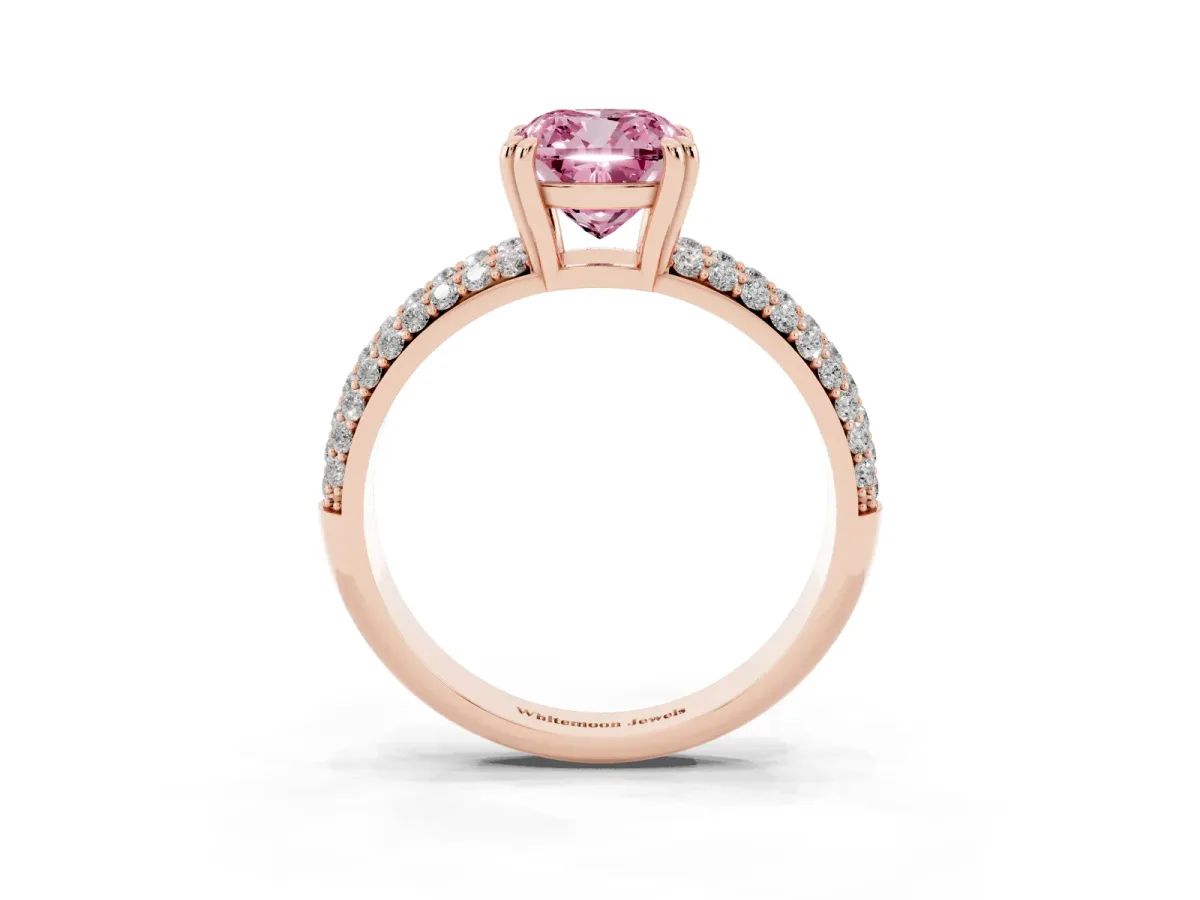 Fancy Pink Cushion Cut Diamond Solitaire Ring with Multi-Row Round Pavé Band and Prong Setting Rose gold