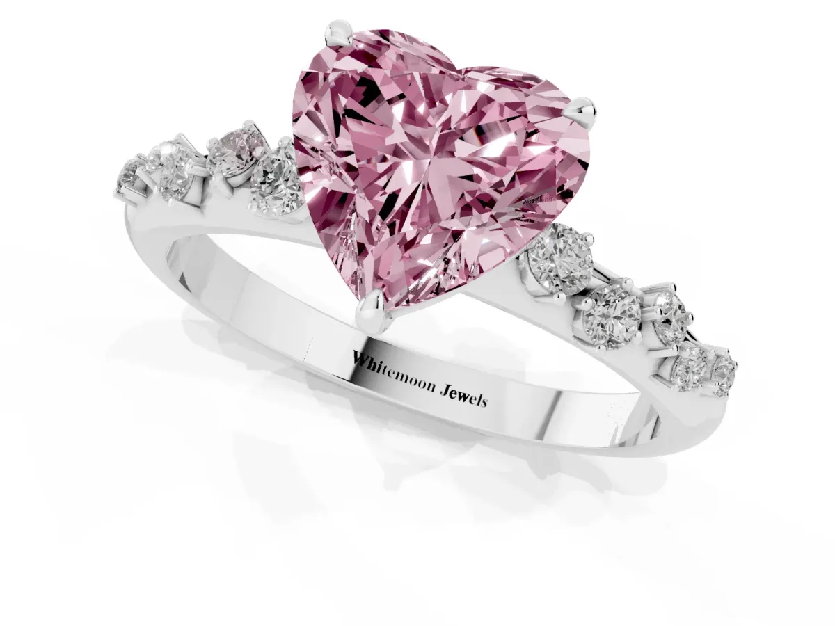 Fancy Pink Heart Cut Diamond Cluster Prong-Set Solitaire Ring Silver
